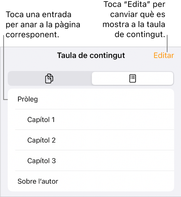 La vista de taula de contingut amb capçaleres en una llista. El botó “Edita” a l’angle superior dret i els botons “Miniatures de pàgina” i “Taula de continguts” a la part inferior.