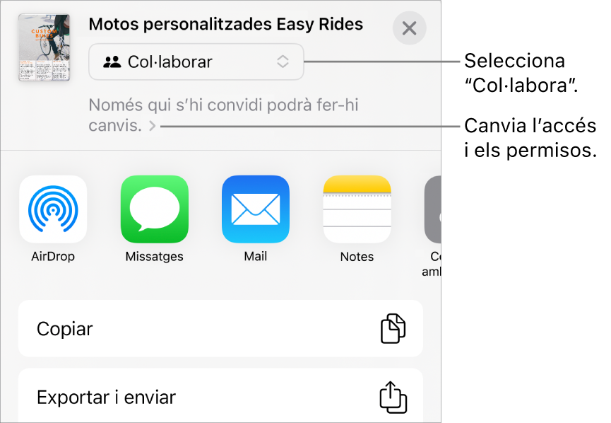 Menú “Comparteix” amb l’opció “Col·labora” seleccionada a la part superior i la configuració dels permisos a sota.