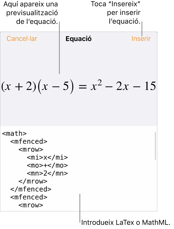 El quadre de diàleg Equació amb una equació escrita amb les ordres MathML i una previsualització de la fórmula al damunt.