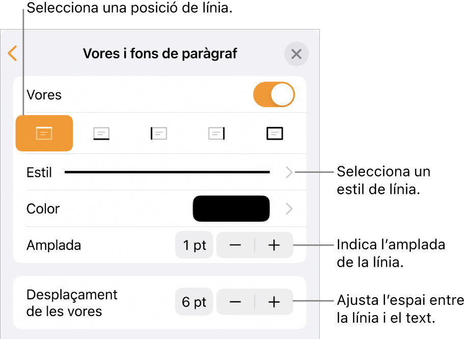 Controls per canviar l’estil, el gruix, la posició i el color de la línia.