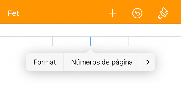 La finestra “Configuració del document” amb el punt d’inserció en un camp de capçalera i un menú desplegable amb dos ítems de menú: Les opcions “Números de pàgina” i “Insereix”.