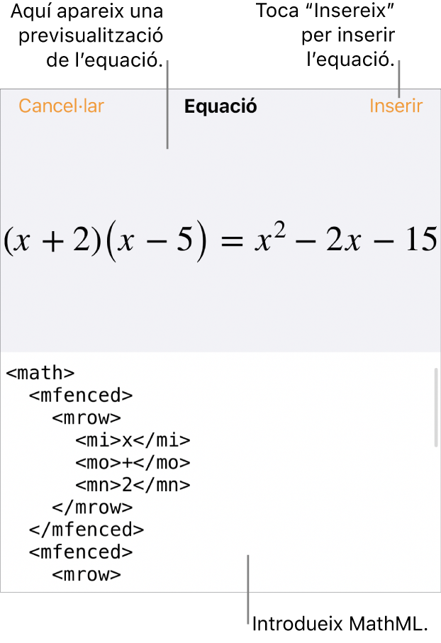 El quadre de diàleg Equació amb una equació escrita amb les ordres MathML i una previsualització de la fórmula al damunt.