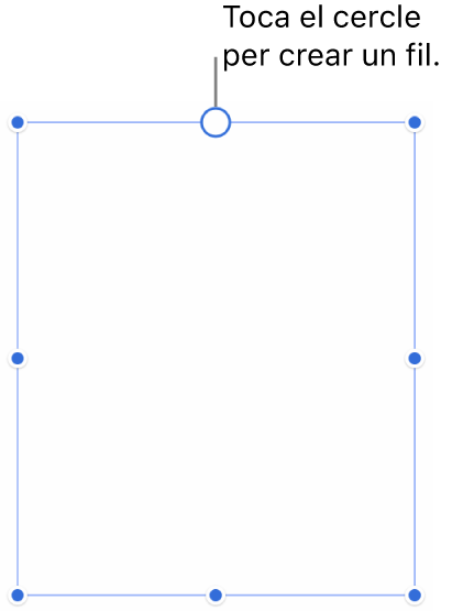 Quadre de text buit amb un cercle blanc a la part superior i marcadors per canviar‑ne la mida als angles, als laterals i a la part inferior.