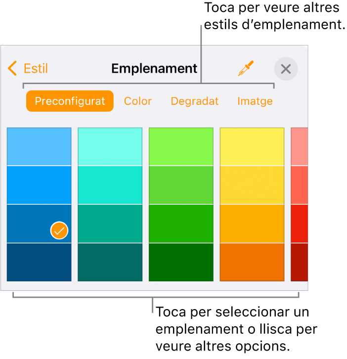 Opcions d’emplenament de la pestanya Estil del botó Format.