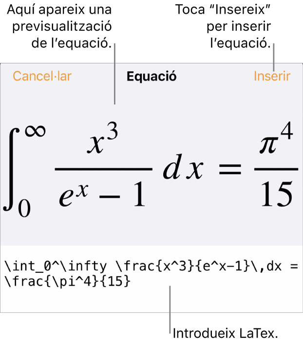 El quadre de diàleg Equació amb una equació escrita amb ordres LaTeX i una previsualització de la fórmula al damunt.