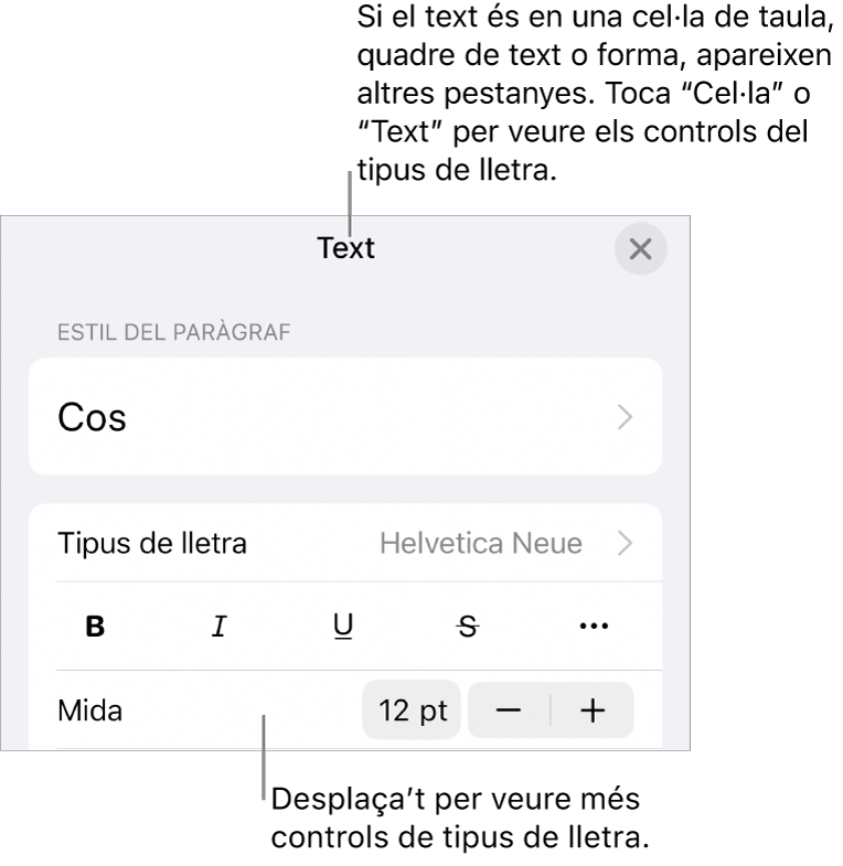 Controls de text al menú Format per definir els estils de paràgraf i de caràcter, el tipus de lletra, la mida i el color.