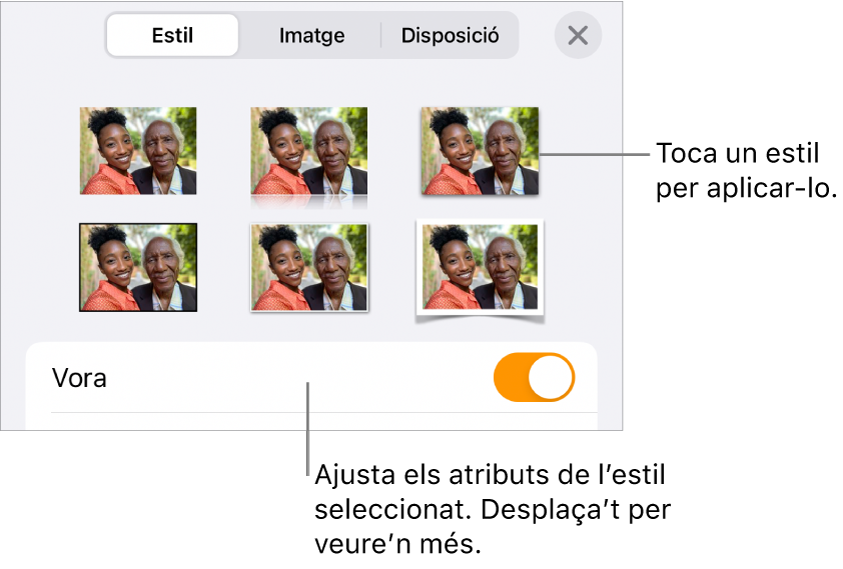 La secció Estil del menú Format, amb estils d’objecte a la part superior i un control a sota per canviar la vora.
