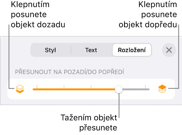 Tlačítko pro přesun vzad, tlačítko pro přesun vpřed a posuvník vrstev