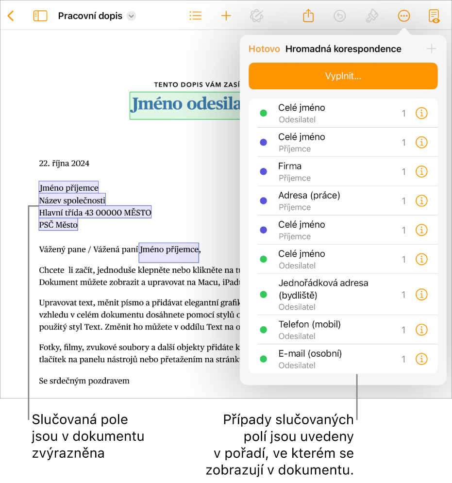Dokument Pages s poli hromadné korespondence pro příjemce a odesílatele; na bočním panelu Dokument je vidět seznam instancí polí hromadné korespondence