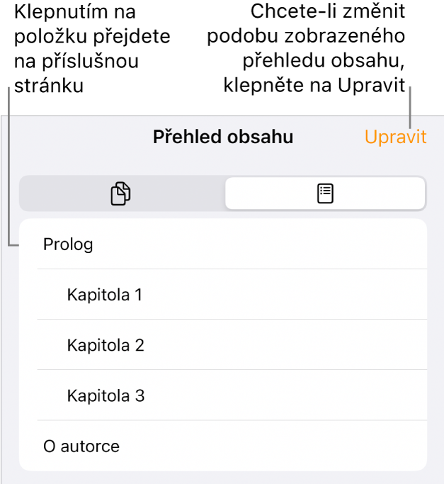 Zobrazení přehledu obsahu se seznamem záhlaví. V pravém horním rohu je umístěno tlačítko Upravit a dole se nacházejí tlačítka Miniatura stránky a Obsah