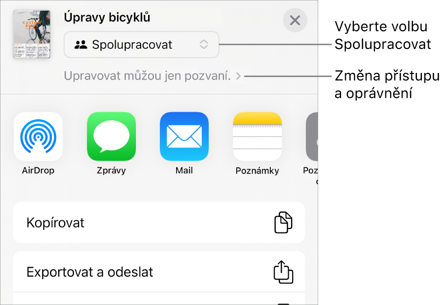 Nabídka sdílení, v níž je nahoře vidět vybraná volba Spolupracovat a pod ní volby pro nastavení přístupu a oprávnění