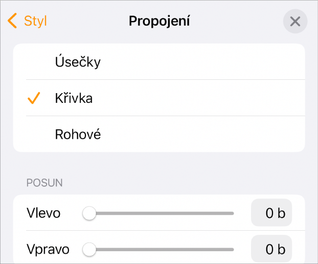 Ovládací prvky Propojení s vybranou volbou Křivka.
