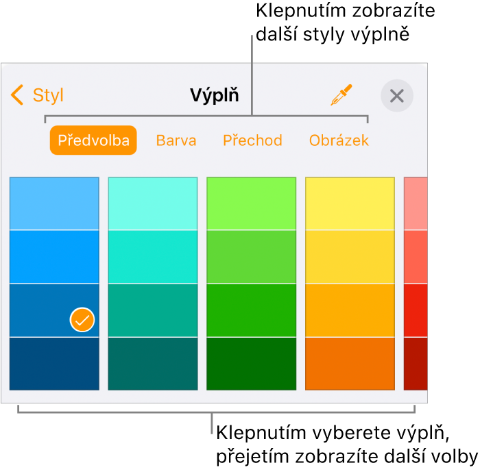 Volby výplně na panelu Styl v nabídce Formát