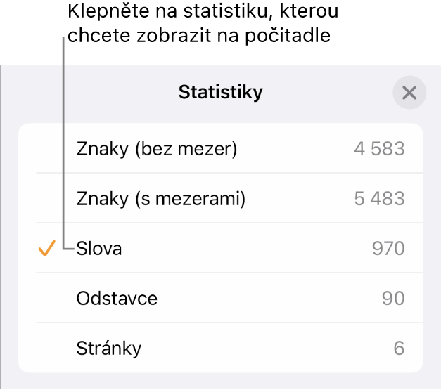 Nabídka Statistiky ukazující volby pro zobrazení počtu znaků bez mezer a s mezerami, počet slov, počet odstavců a počet stránek.