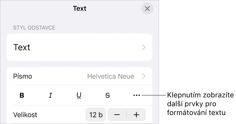 Panel Text v ovládacích prvcích formátování; popiskem je označeno tlačítko Další textové volby
