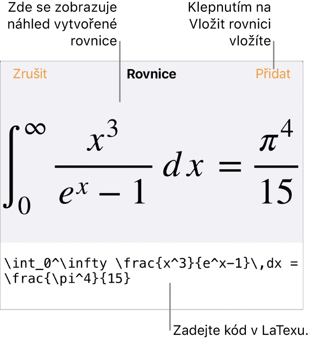 Dialogové okno Rovnice, v němž se zobrazuje zápis rovnice pomocí příkazů LaTeXu a nad ním náhled výsledného vzorce