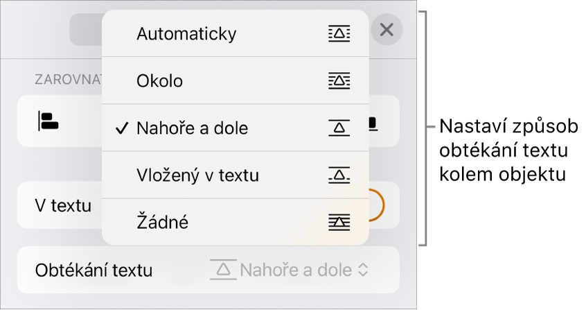 Ovládací prvky Obtékání textu s položkami Automaticky, Okolo, Nahoře a dole, Vložené v textu a Žádné