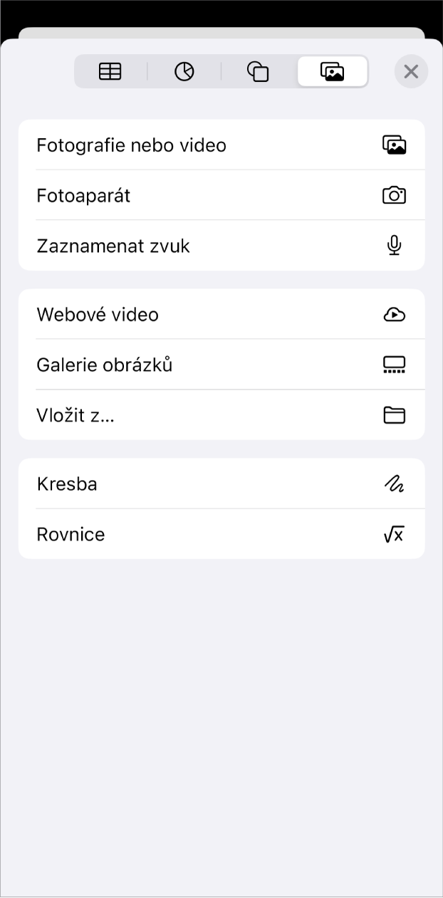 Zobrazená nabídka Přidat médium