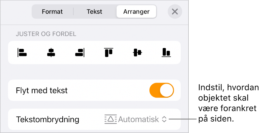 Betjeningsmulighederne til Arranger med Flyt med tekst og Tekstombrydning.