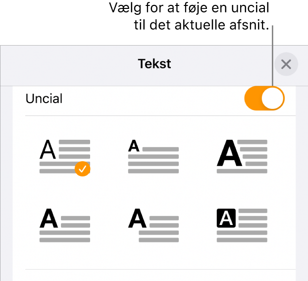 Betjeningsmulighederne til Uncial placeret i menuen Tekst.