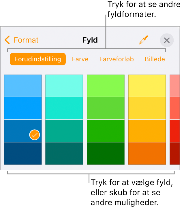 Fyldmuligheder på fanen Format til knappen Format.