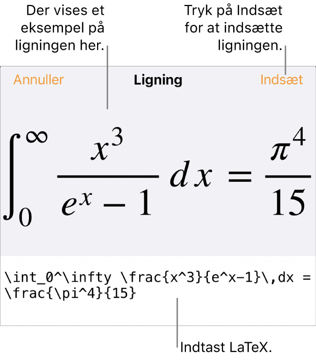 Dialogen Ligning, der viser ligningen skrevet ved hjælp af LaTex-kommandoer og derover et eksempel på formlen.