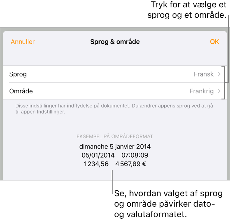 Vinduet Sprog & område med betjeningsmuligheder til sprog og område og et formateksempel, der viser dato, tid, decimaltegn og valuta.