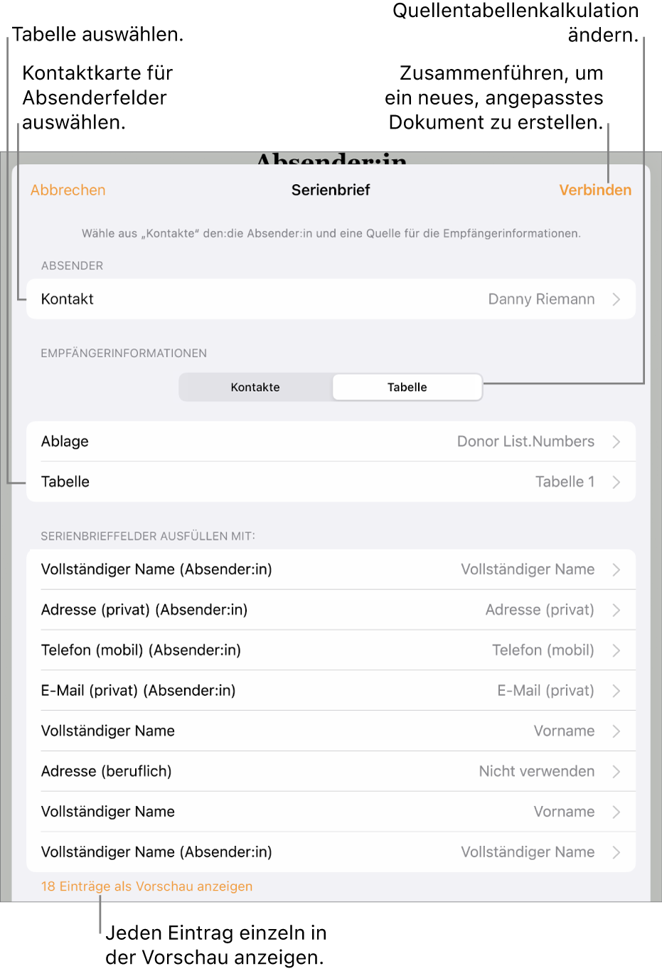Der geöffnete Bereich „Serienbrief“ mit Optionen zum Auswählen von Absenderinformationen, Ändern der Quelldatei oder -tabelle, Anzeigen einer Vorschau der Serienbrieffeld-Namen oder Erstellen des Serienbrief-Dokuments.