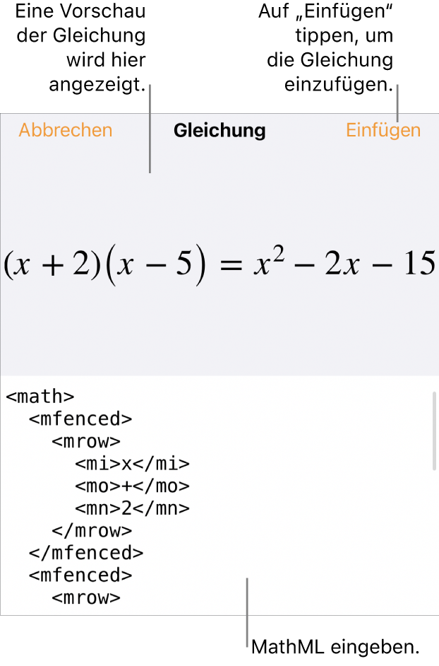 Im Dialogfenster „Gleichung“ wird eine Gleichung angezeigt, die mit MathML-Befehlen geschrieben wurde, darüber wird eine Vorschau der Formel angezeigt.