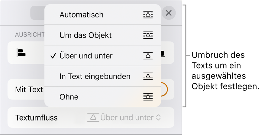 Die Steuerelemente für Textumbruch mit Einstellungen für „Automatisch“, „Um das Objekt“, „Über und unter“, „In Text eingebunden“ und „Ohne“.