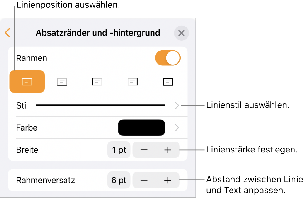 Steuerelemente, um Stil, Stärke, Position und Farbe der Linie zu ändern.