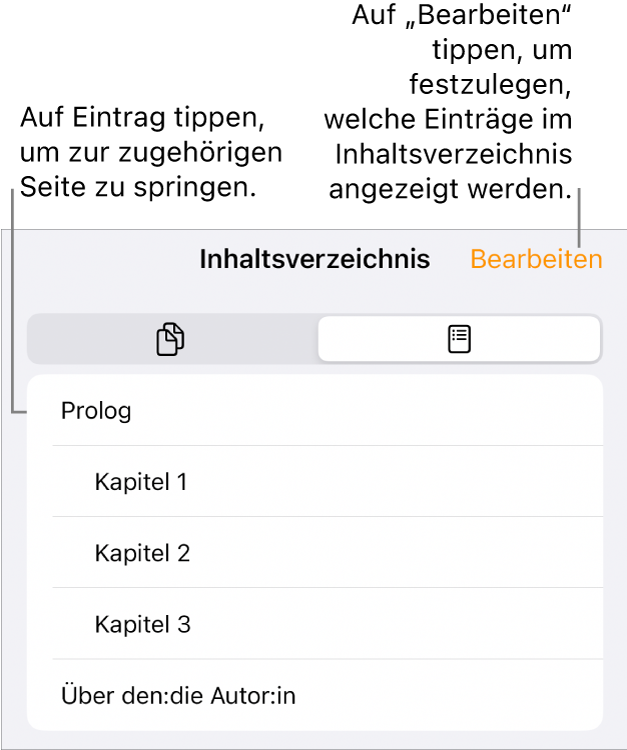 Das Inhaltsverzeichnis mit den Überschriften in Listenform. Die Taste „Bearbeiten“ befindet sich in der oberen rechten Ecke. Unten sind die Tasten „Seitenminiaturen“ und „Inhaltsverzeichnis“ zu sehen.
