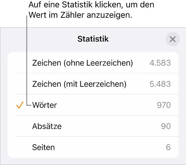 Das Menü „Statistik“ mit Optionen zum Anzeigen der Zahl der Zeichen ohne und mit Leerzeichen, der Wortanzahl, der Zahl der Absätze und der Zahl der Seiten