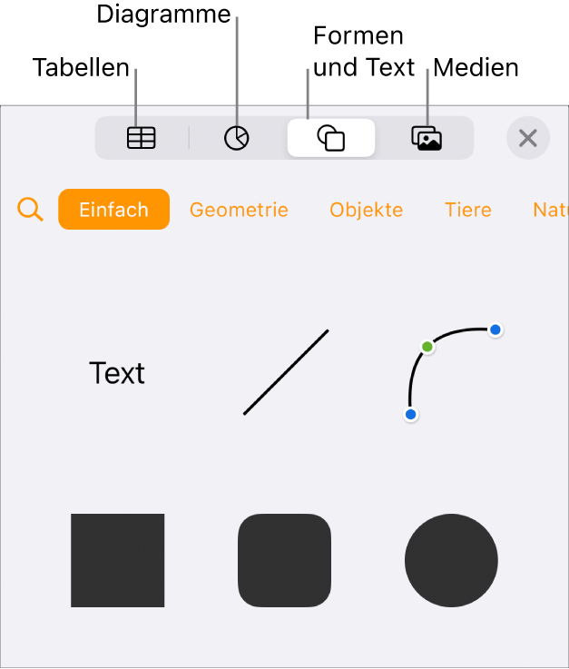 Die Steuerelemente „Einfügen“ mit Tasten zum Hinzufügen von Tabellen, Diagrammen, Text, Formen und Medien oben
