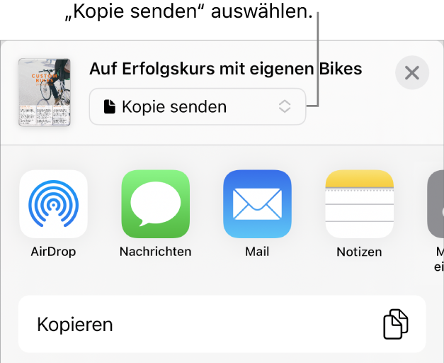 Das Menü „Teilen“, in dem „Kopie senden“ oben ausgewählt ist.