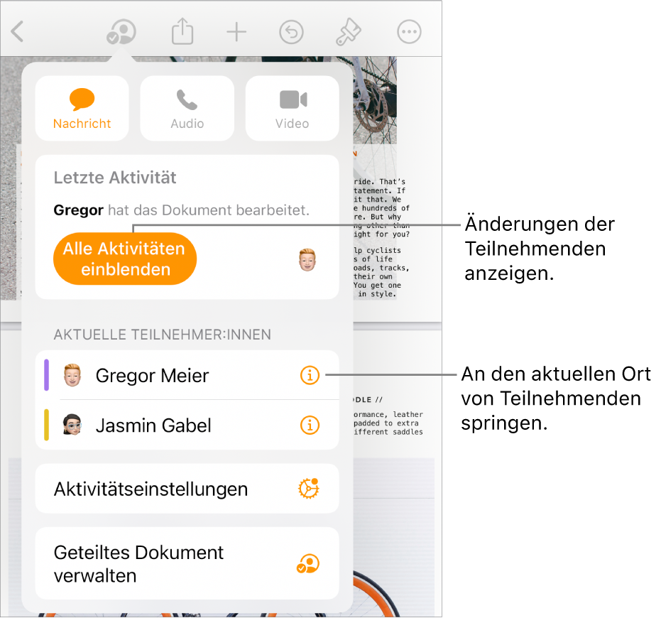 Das Menü „Zusammenarbeiten“ mit einer Liste der aktuellen Teilnehmer:innen.