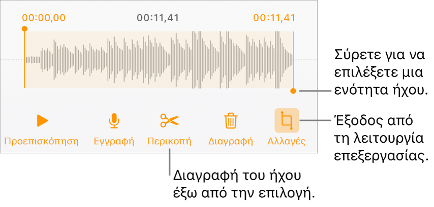 Στοιχεία ελέγχου για επεξεργασία ήχου εγγραφής. Λαβές που υποδεικνύουν την επιλεγμένη ενότητα της εγγραφής και τα κουμπιά «Προεπισκόπηση», «Περικοπή», «Διαγραφή» και «Επεξεργασία» από κάτω.