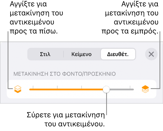 Το κουμπί Μετακίνησης προς τα πίσω, το κουμπί Μετακίνησης προς τα εμπρός, και το ρυθμιστικό διαστρωμάτωσης.