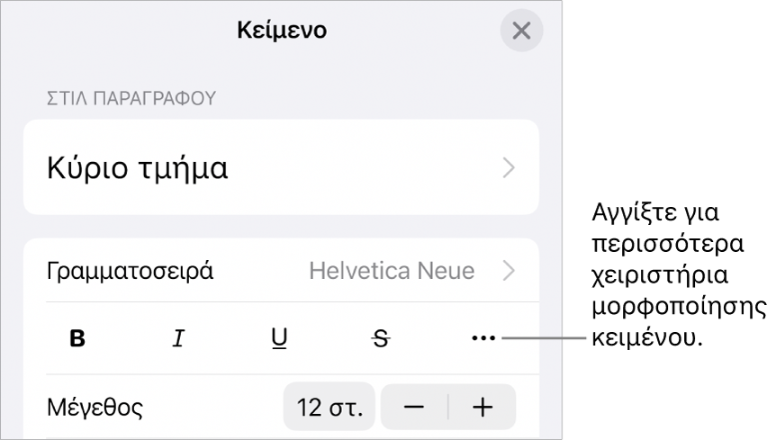 Η καρτέλα «Κείμενο» των στοιχείων ελέγχου «Μορφή», με μια επεξήγηση στο κουμπί «Περισσότερες επιλογές κειμένου».