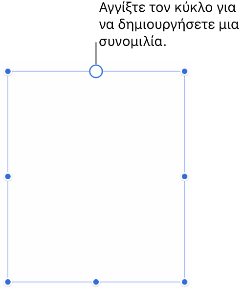 Ένα κενό πλαίσιο κειμένου με έναν λευκό κύκλο στο πάνω μέρος και λαβές αλλαγής μεγέθους στις γωνίες, στο πλάι και στο κάτω μέρος.