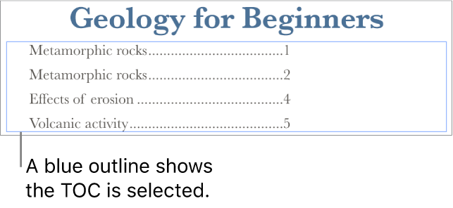 A table of contents inserted into a document. Entries show headings along with their page numbers.