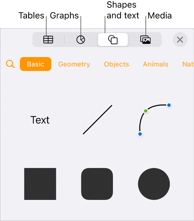 The Insert controls open with buttons for adding tables, charts, text, shapes and media at the top.