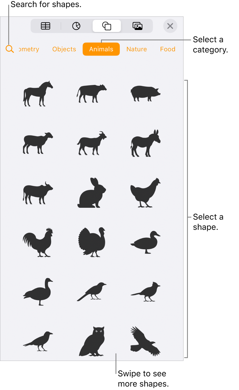 The shapes library, with categories at the top and shapes displayed below. You can use the search button at the top to find shapes and swipe to see more.