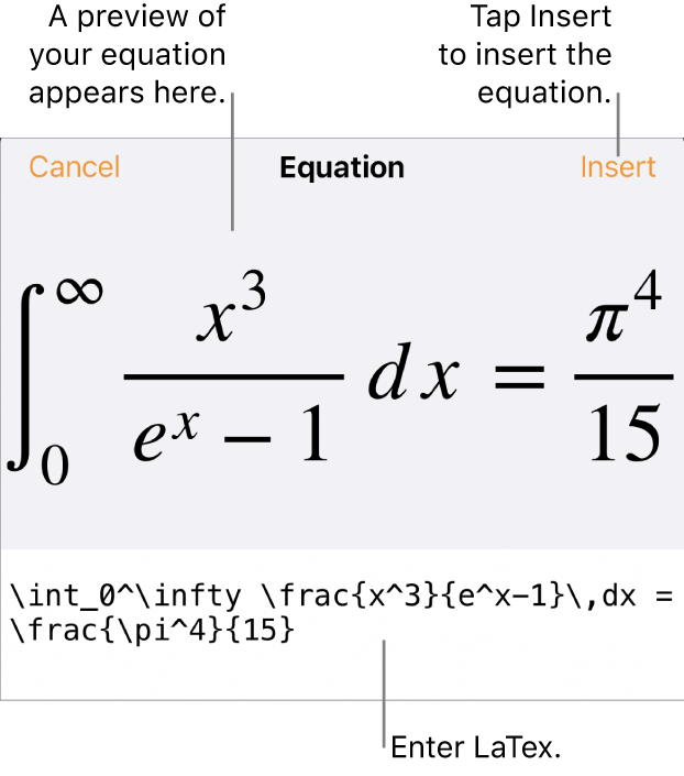 The Equation dialogue, showing an equation written using LaTex commands and a preview of the formula above.