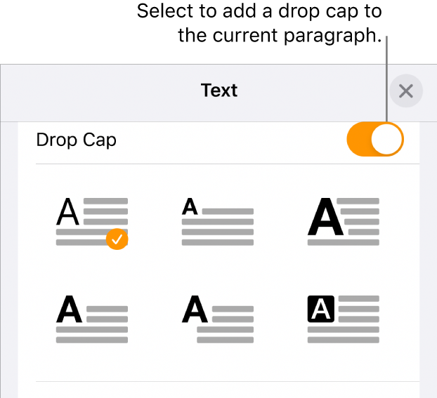 The Drop Cap controls located in the Text menu.