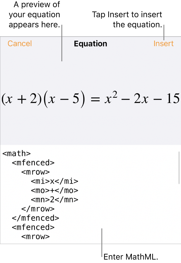 The Equation dialogue, showing an equation written using MathML commands, and a preview of the formula above.