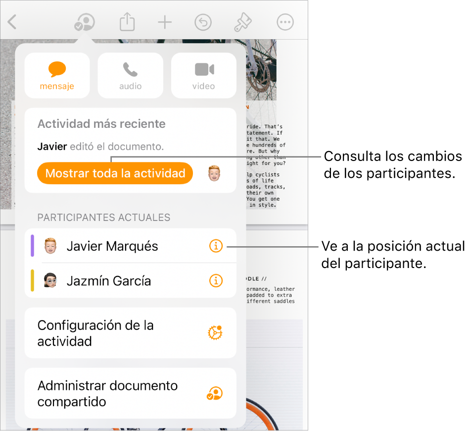 El menú de colaboración con los participantes actuales que aparecen ahí.