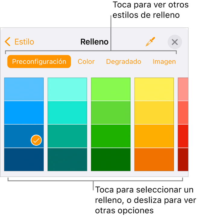 Opciones de relleno en la pestaña Estilo del botón Formato.