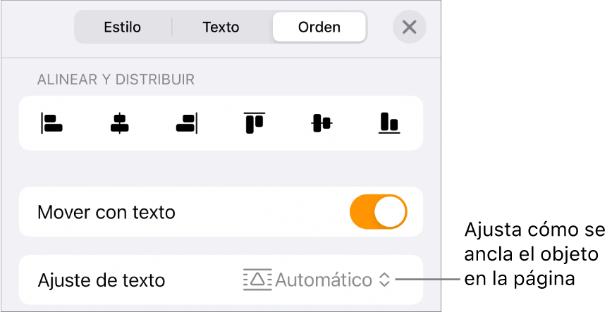 Los controles de disposición incluyen Mover con texto y Ajuste de texto.