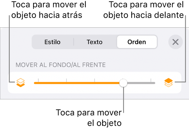 Botón Mover hacia atrás, botón Mover hacia delante y regulador de capa.
